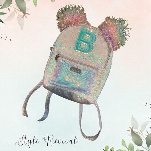Justice “B” Initial Flip Sequin Pom Pom Adjustable Mini Backpack Bag - NWOT - Picture 2 of 11